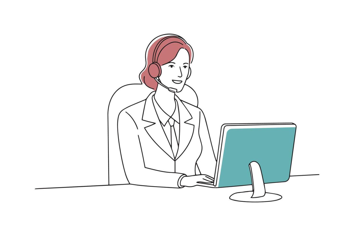 woman sitting in an office chair, looking at a computer screen Hand drawn offset fill with doodle illustration vector