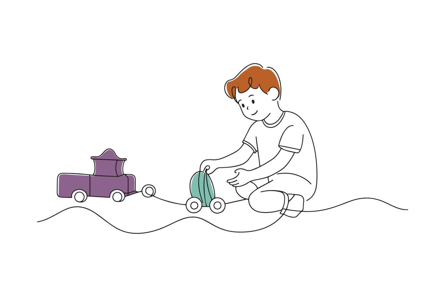Young boy happily playing with toys on the floor Hand drawn offset fill with doodle illustration vector