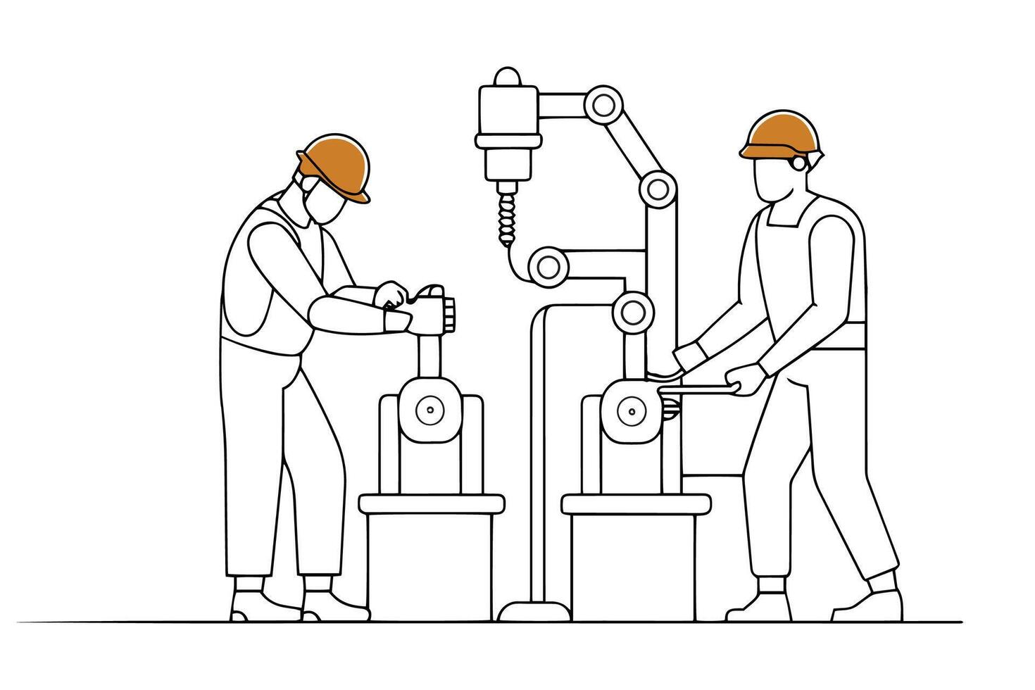 Workers operating machinery in a factory Hand drawn offset fill with doodle illustration vector