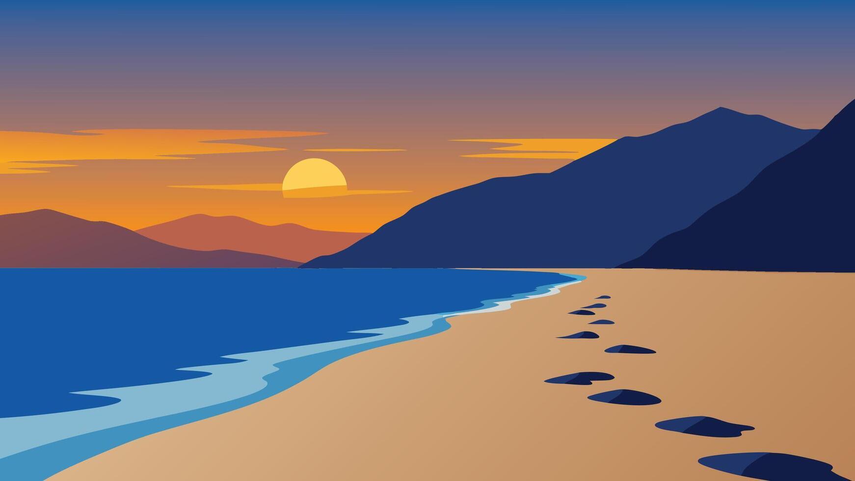 Footprints in the sand on the famous Turkish beach Patara. Colorful sunset in the Turkey, District of Kas, Antalya Province, Asia flat illustration vector