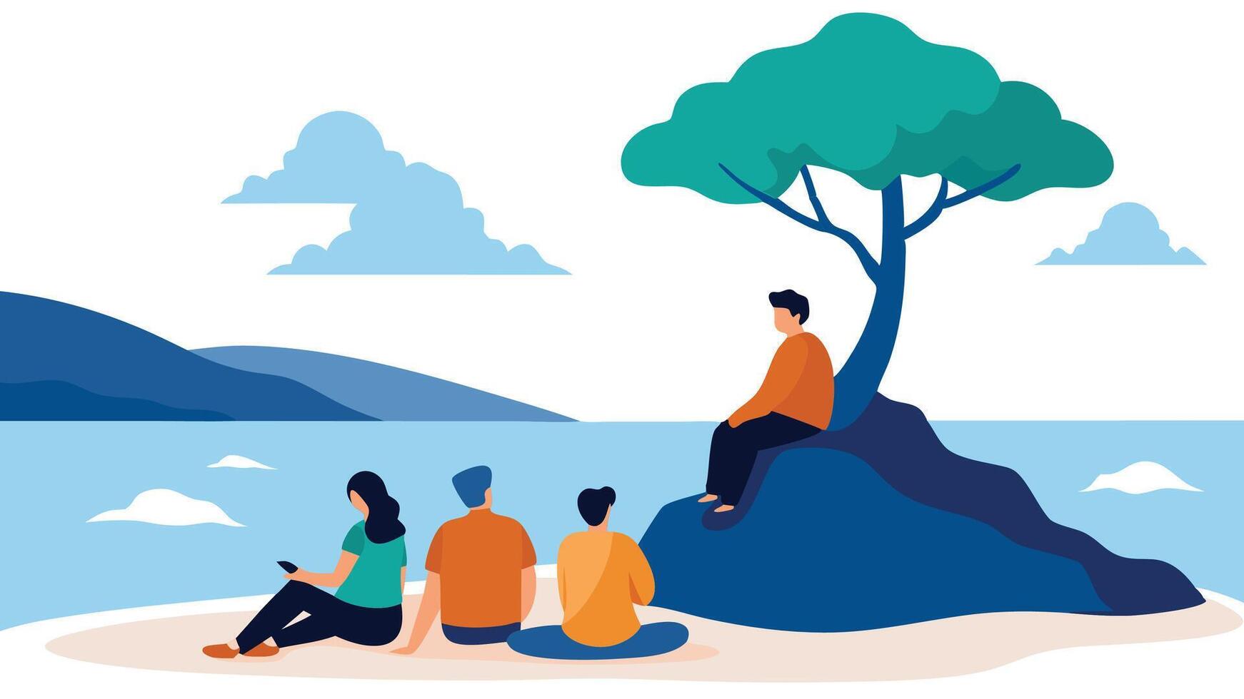 People sitting on rocks by a tree at the beach flat illustration. vector