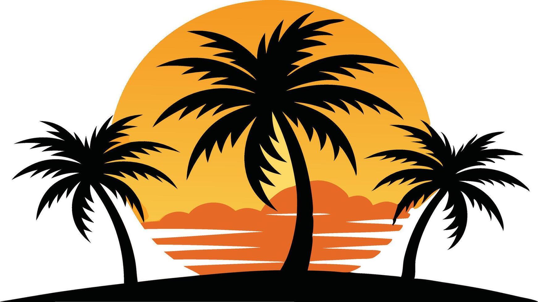 Palm trees silhouetted against setting sun on ocean horizon flat illustration vector
