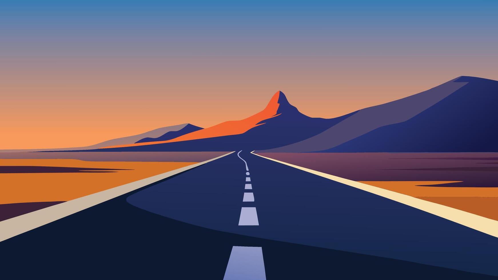 Typical Icelandic landscape with asphalt road. Colorful evening scene in the south Iceland flat illustration vector