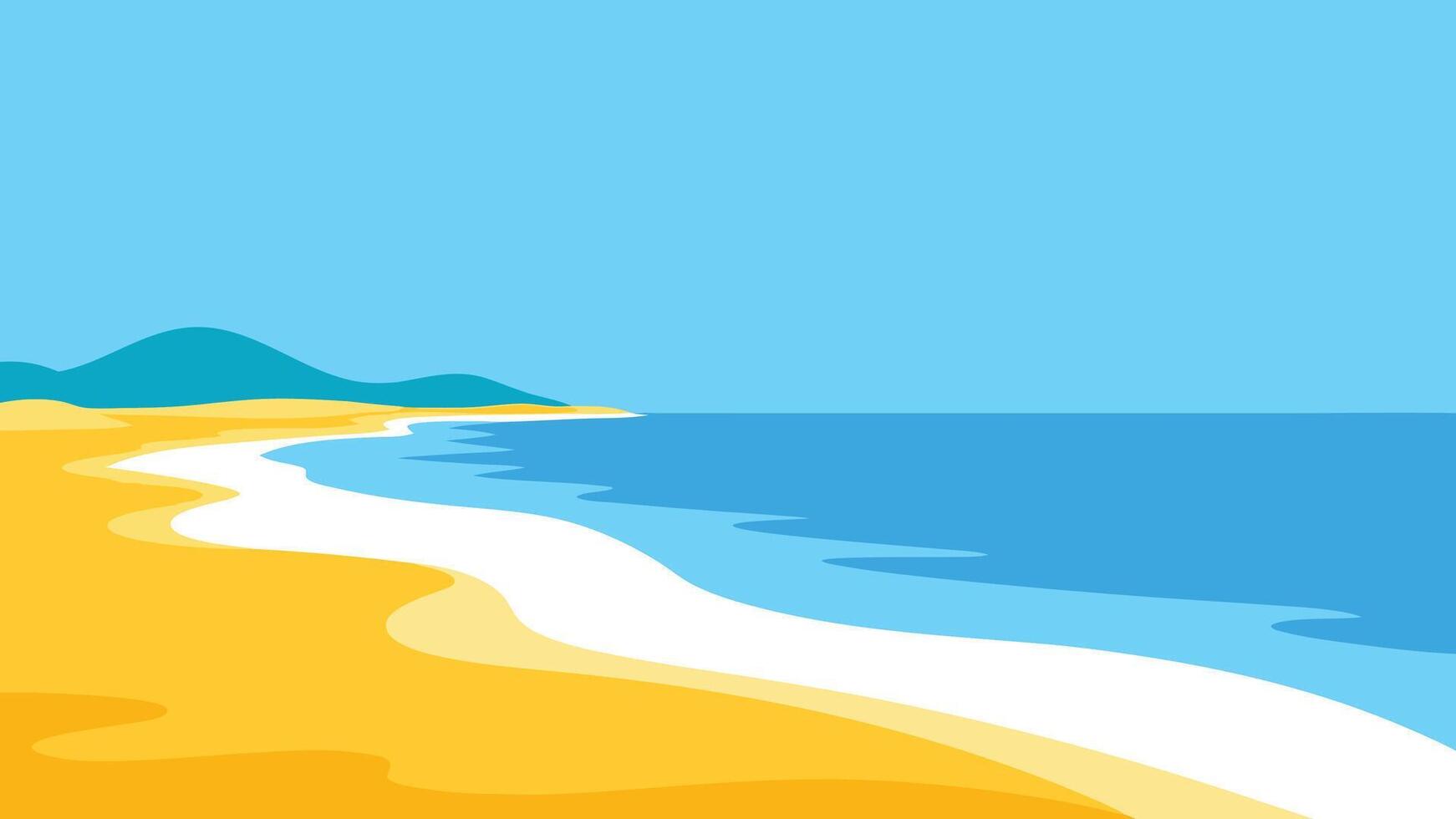 Serene beach scene with golden sand, clear blue water, perfect for relaxation and enjoyment flat illustration. vector