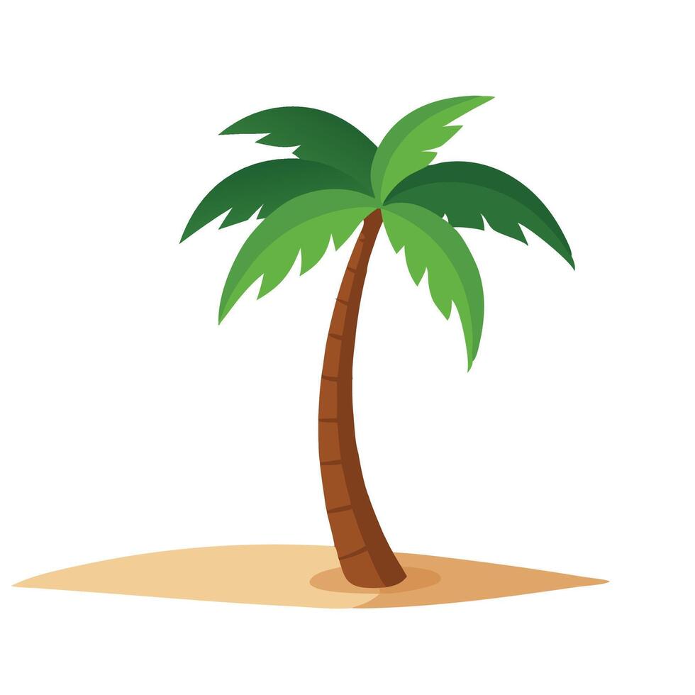 Palm tree standing tall on a sandy beach Nature flat illustration on white background. vector