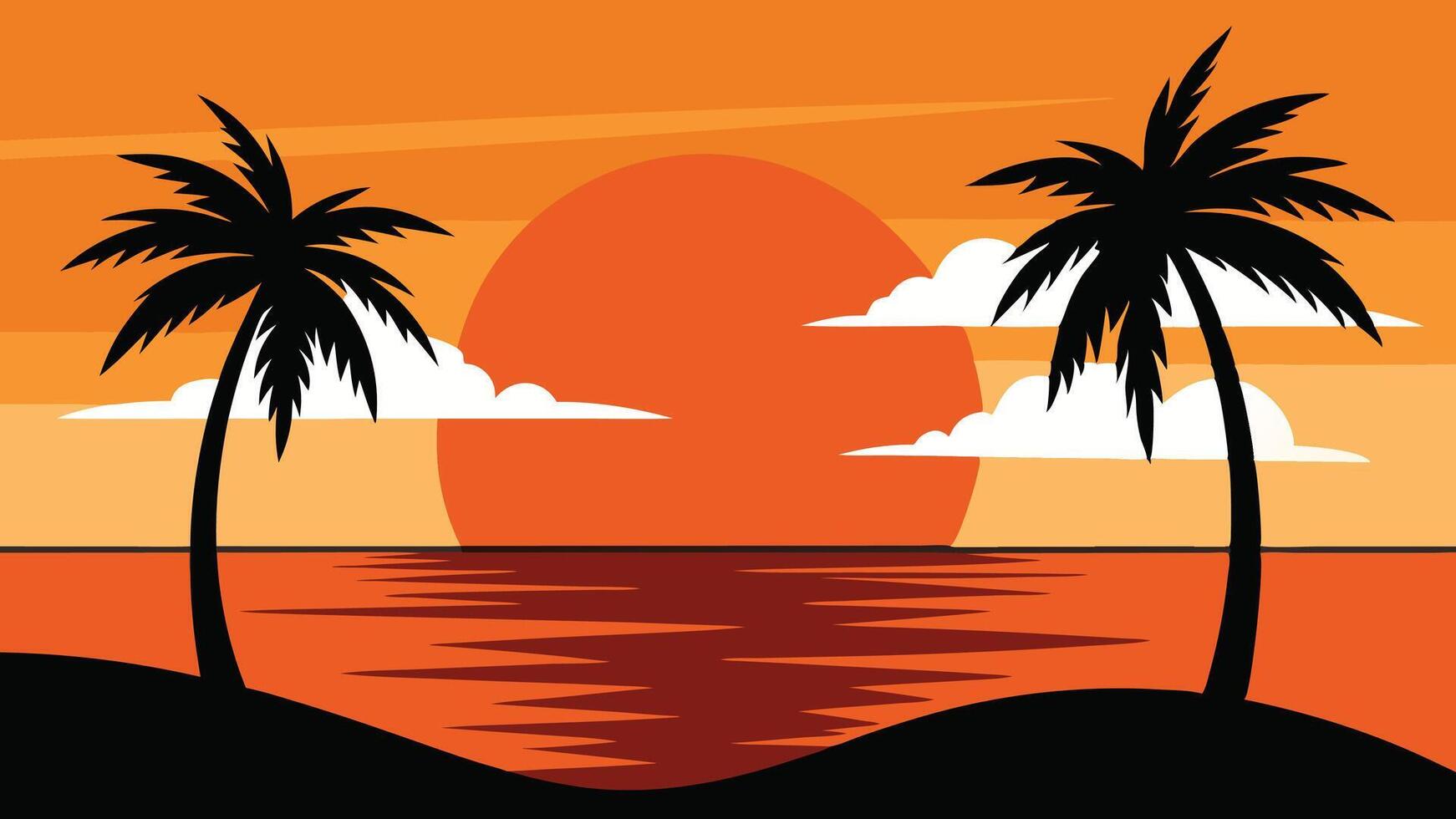 A serene sunset over the ocean with silhouetted palm trees reflecting in the water flat illustration vector