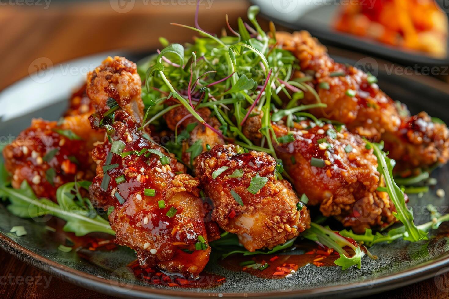 Spicy glazed chicken wings with sesame and greens photo