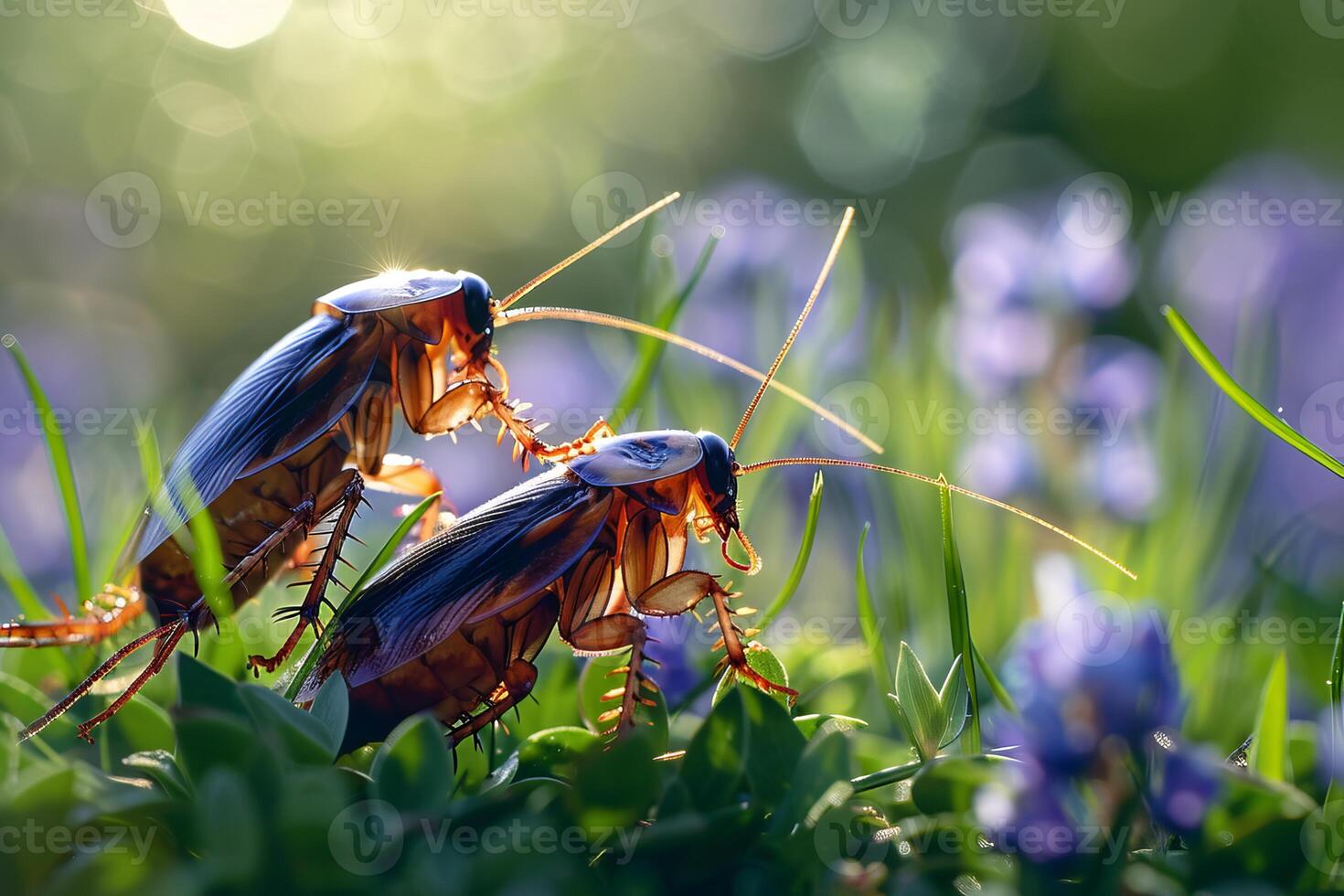 Mating crickets on lush meadow photo