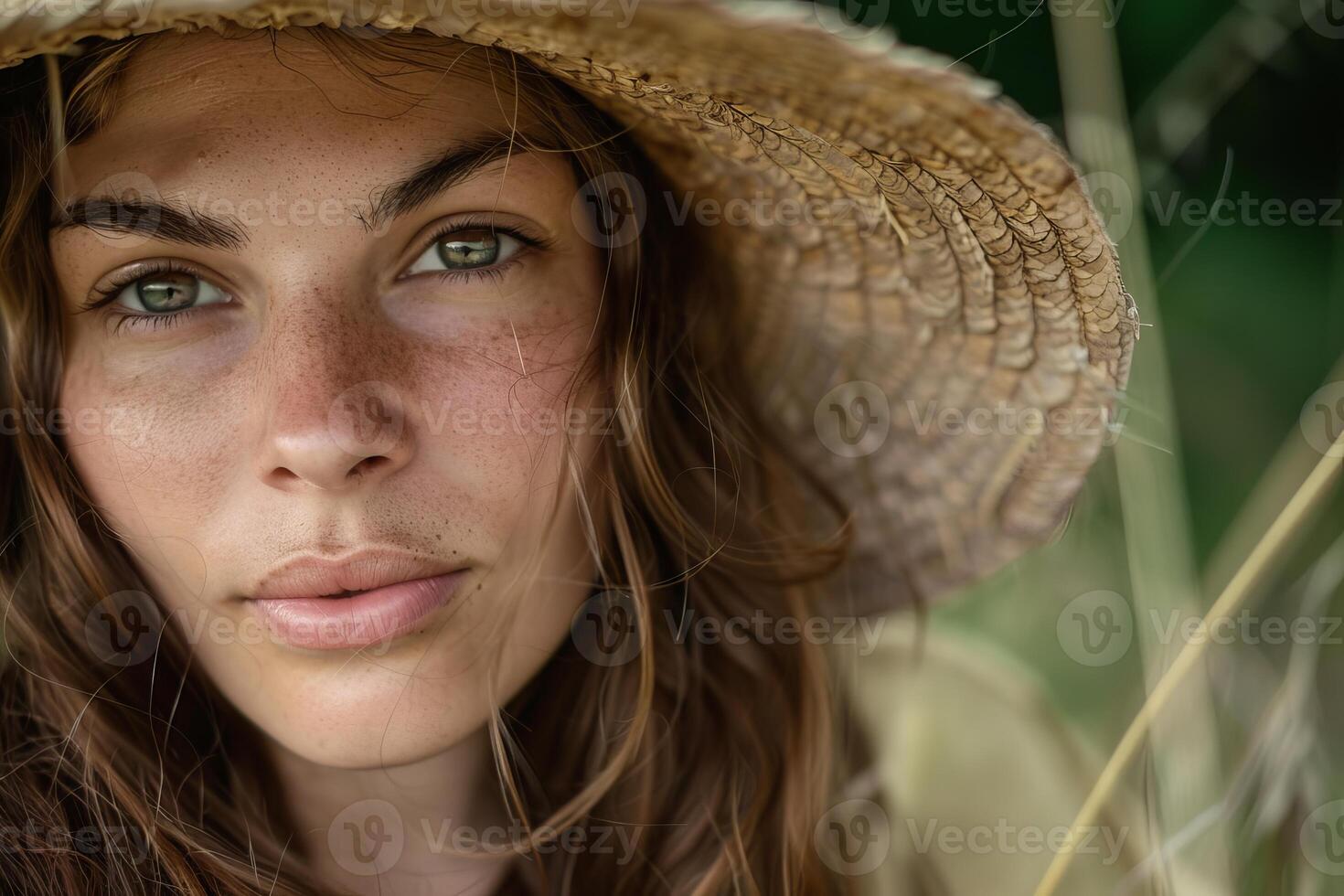 Serene beauty in straw hat photo