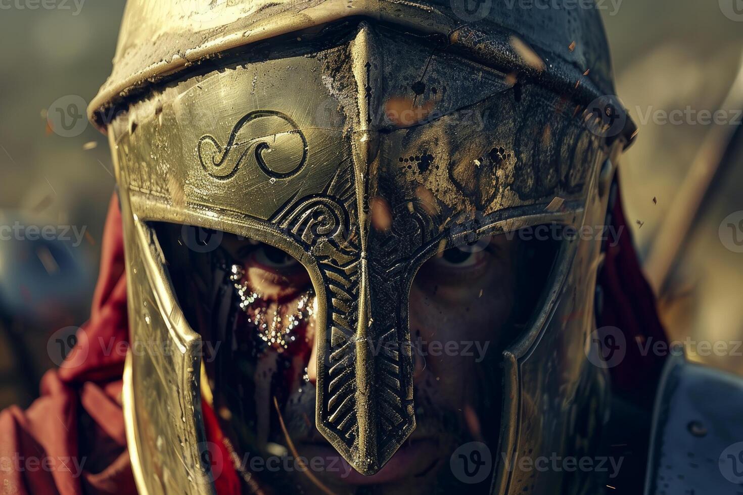 Ancient warrior in battle helmet closeup photo