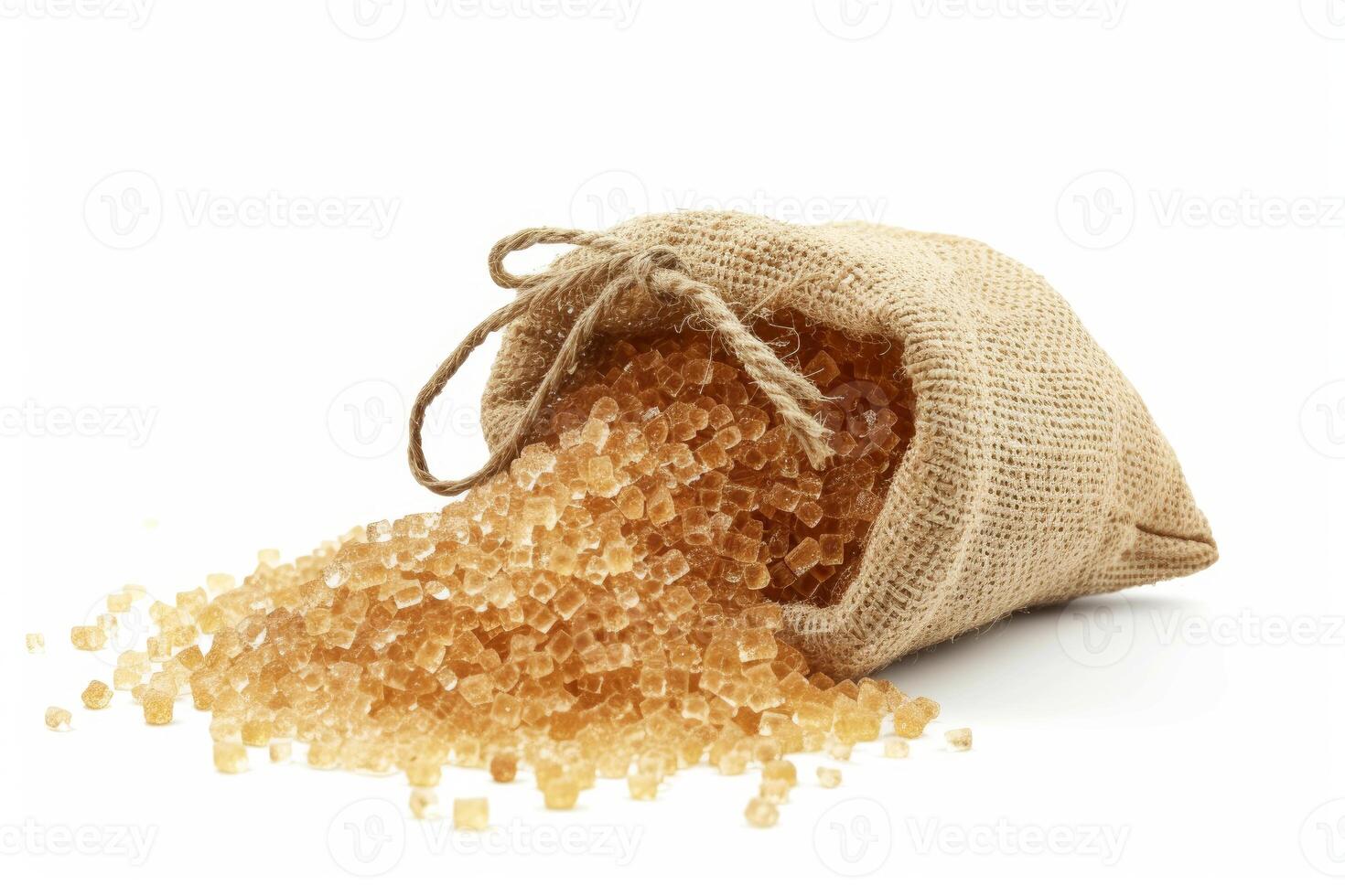 Burlap sack of raw brown sugar spilling out photo