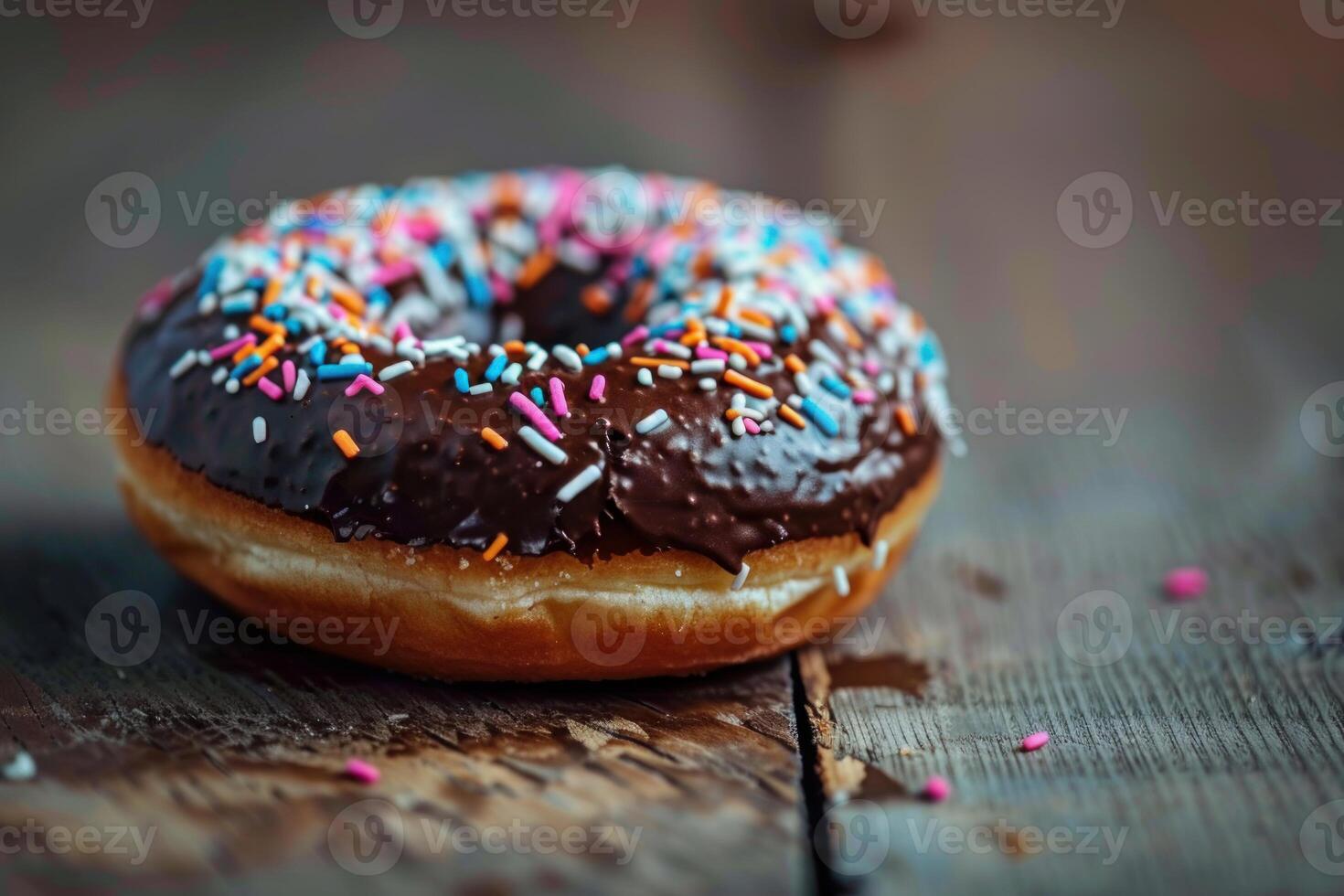 Delicious chocolate donut with sprinkles resting on rustic wooden surface photo