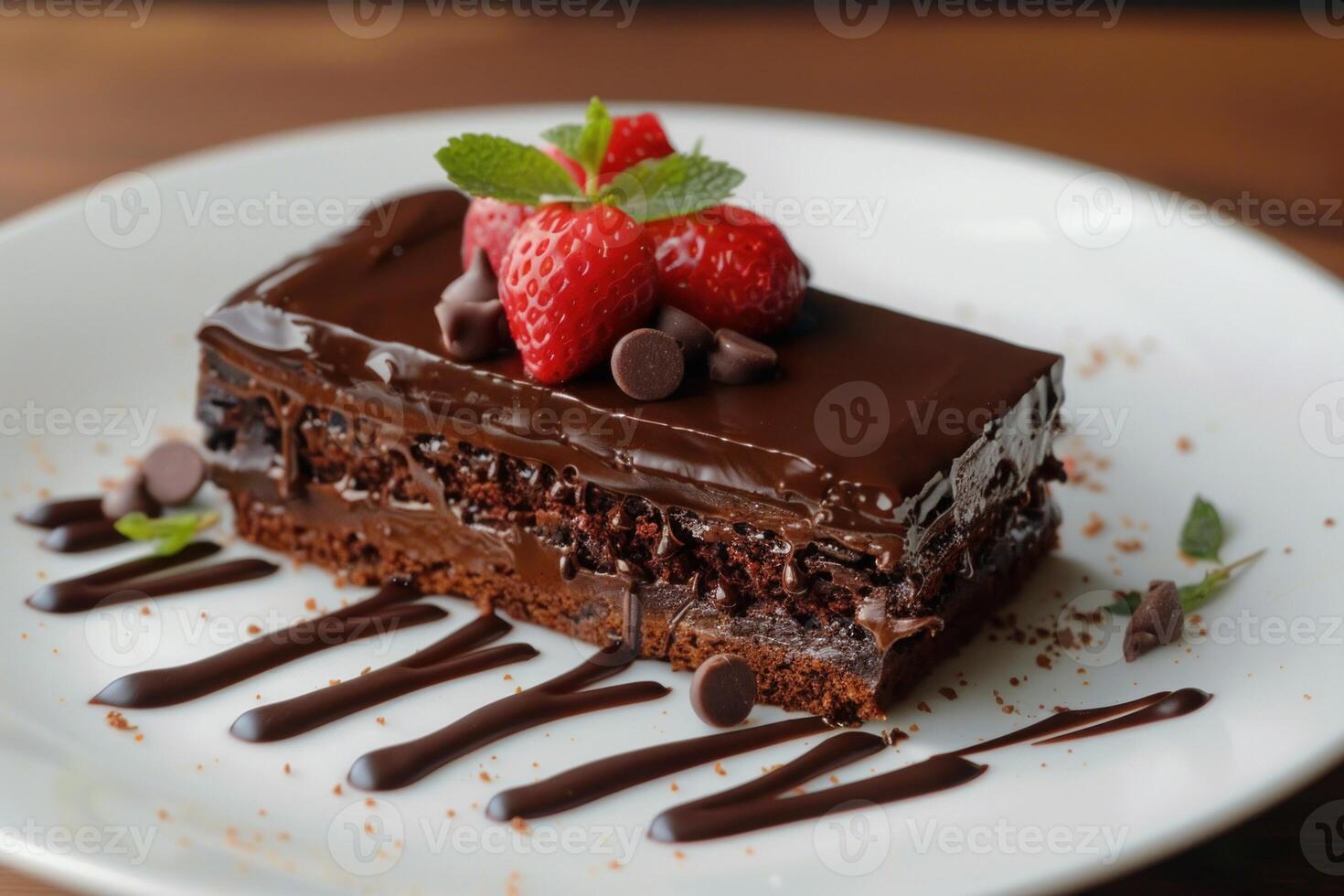 Delicious chocolate cake with strawberries and chocolate chips being served on white plate photo