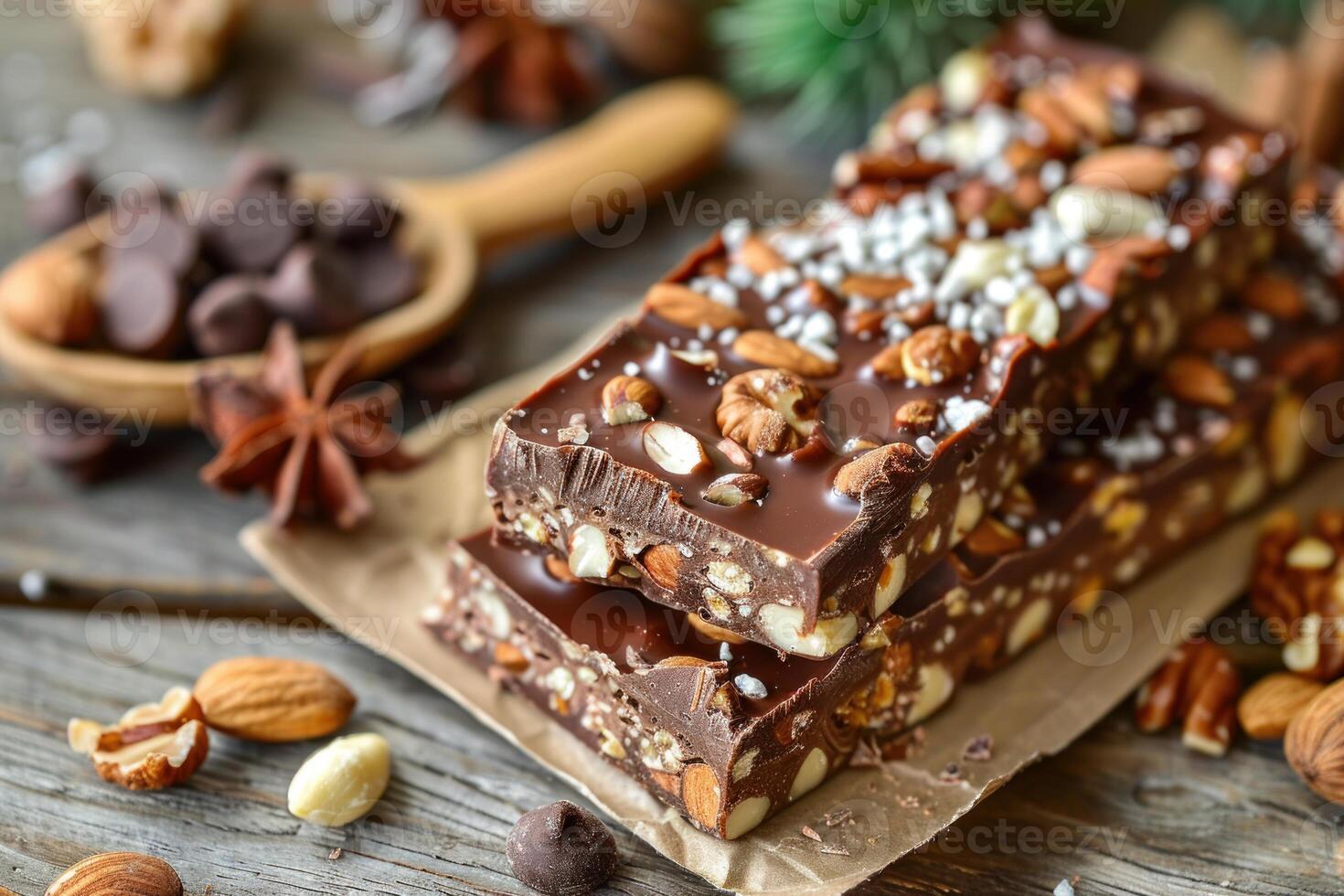 Chocolate bars lying on paper with sprinkled nuts and salt photo