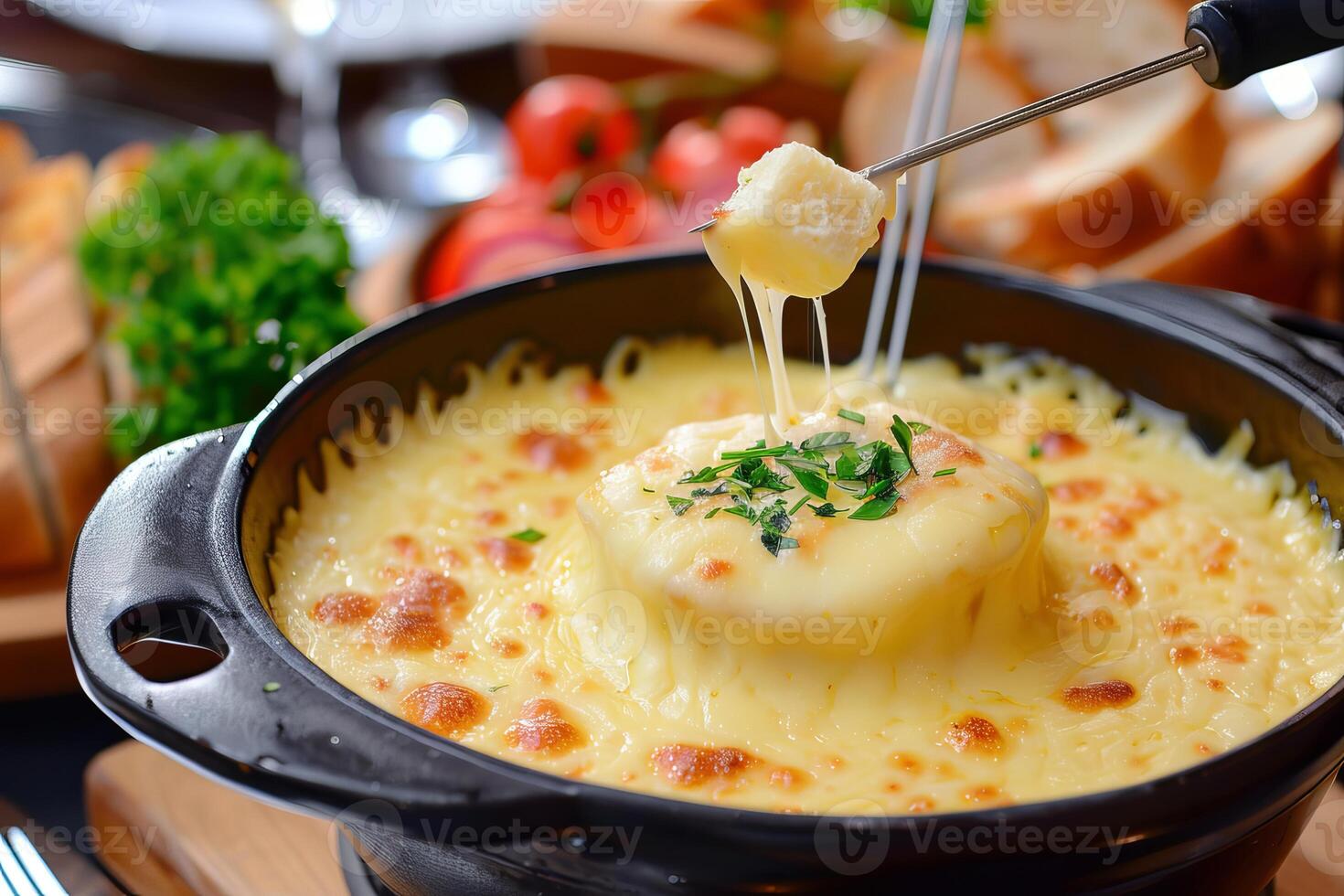 Fork dipping bread in melted cheese fondue in a restaurant photo