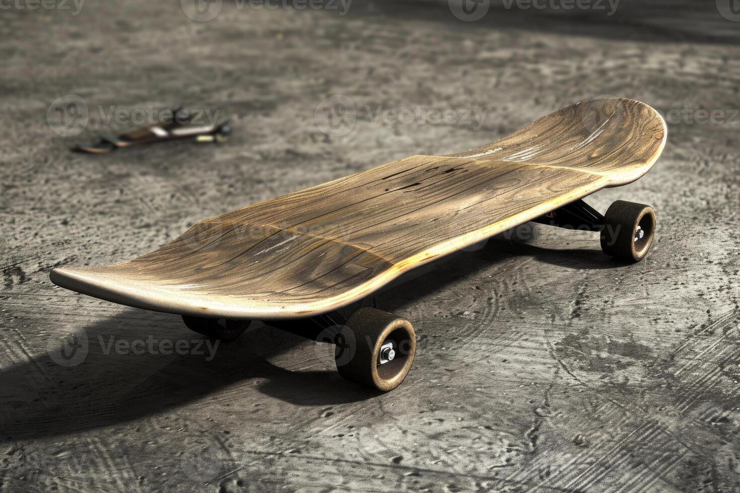 Well worn skateboard resting on a textured concrete surface in the warm sunlight photo