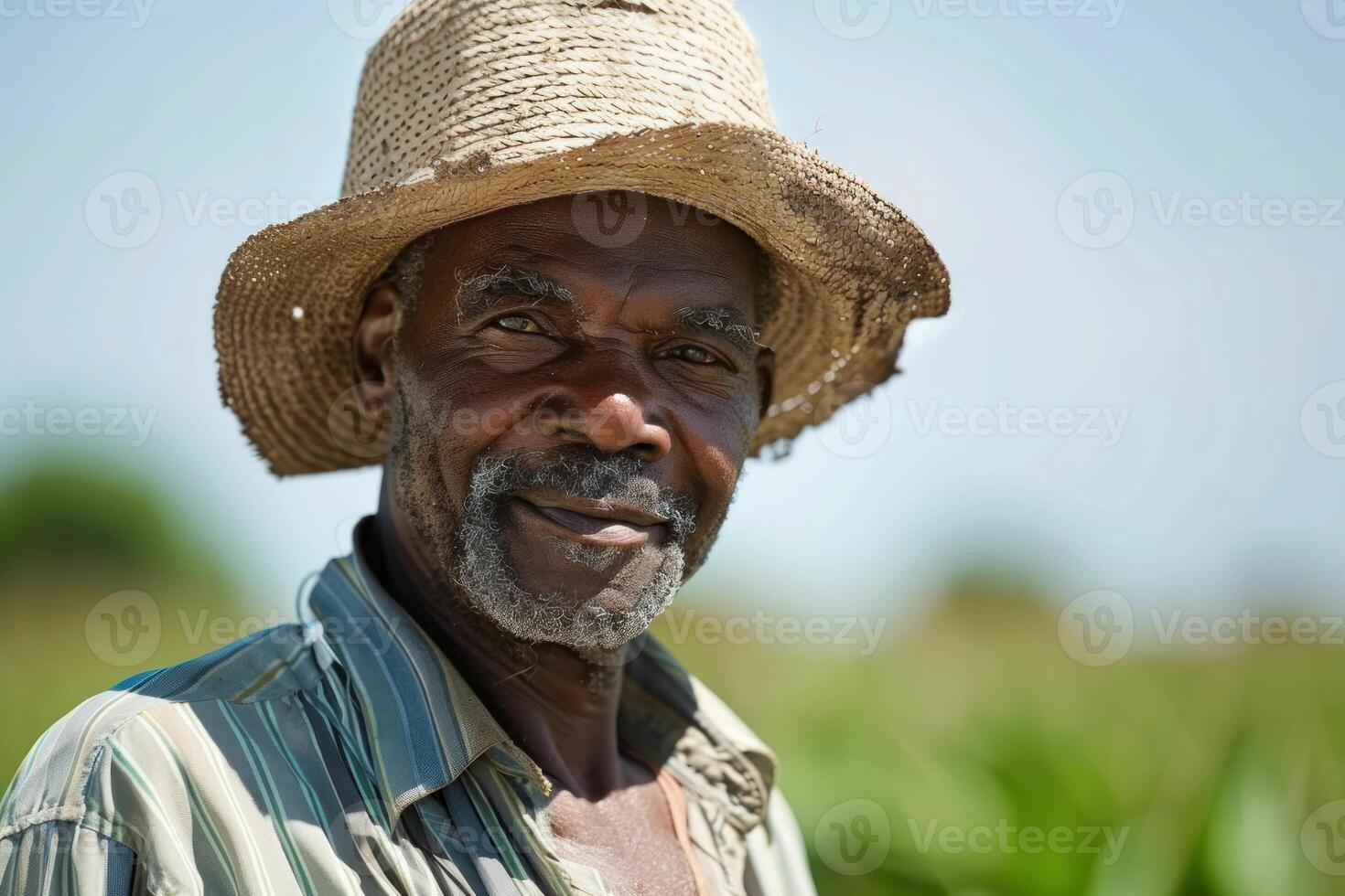 Senior farmer smiling and wearing a straw hat in a field photo