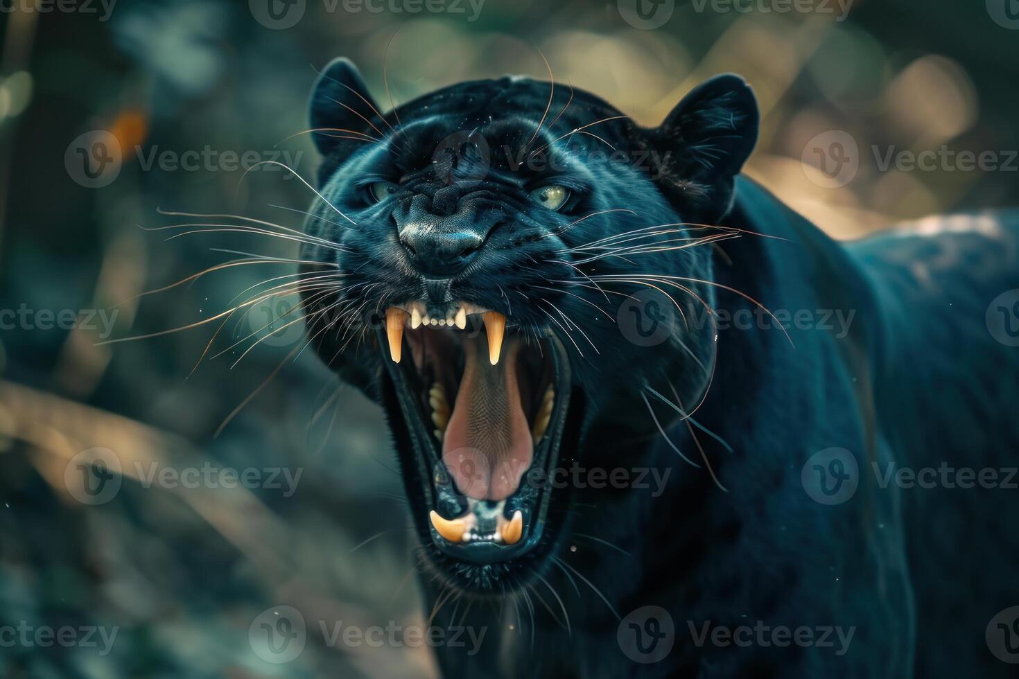 Black panther baring its teeth showing threatening posture photo