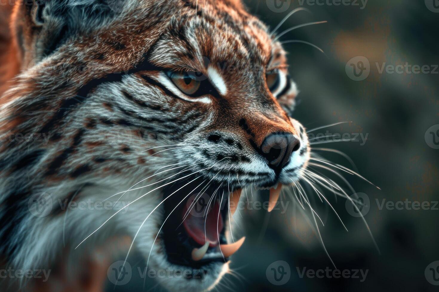 Eurasian lynx baring teeth showing canine teeth photo