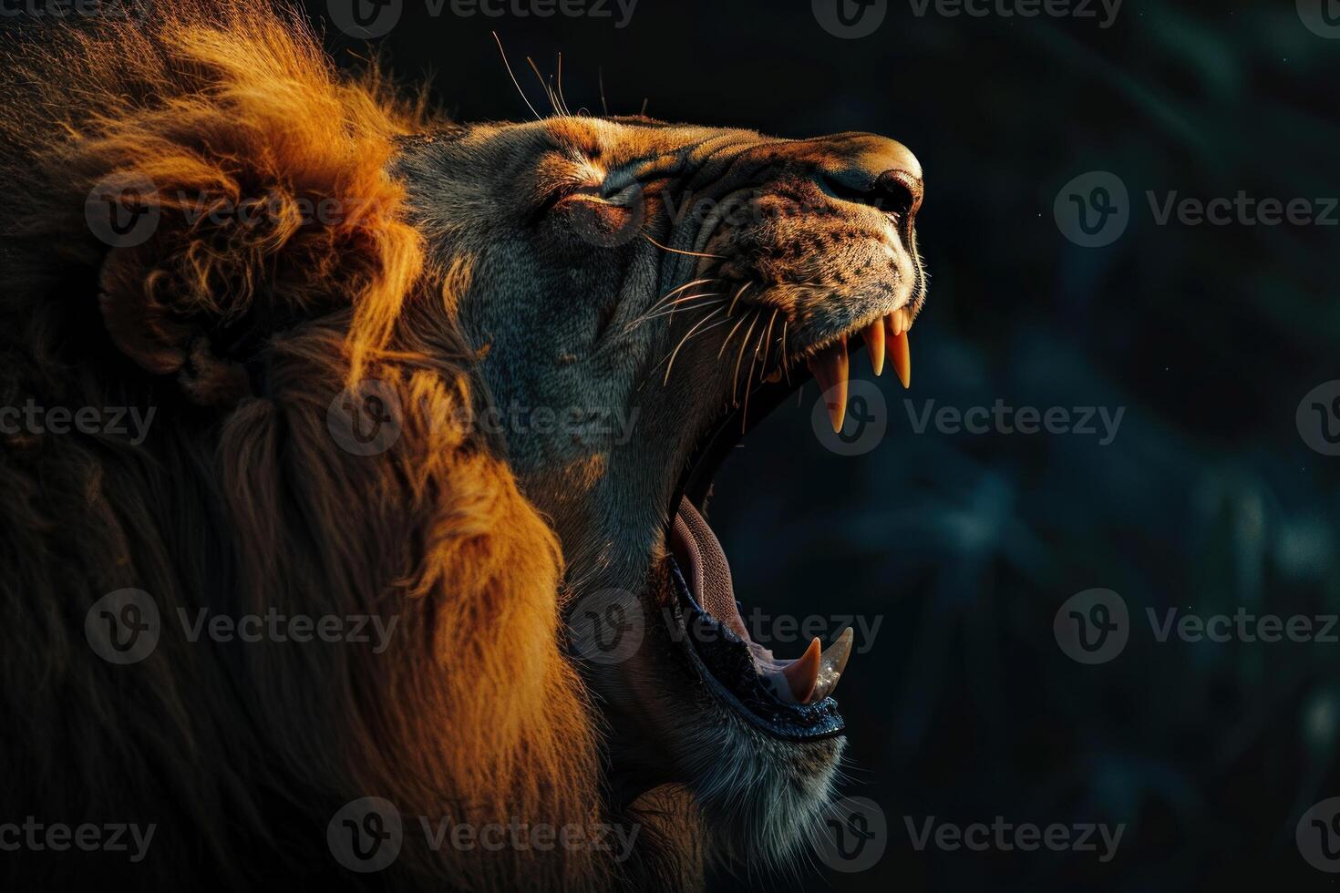 Powerful lion roaring showing its teeth in the dark photo