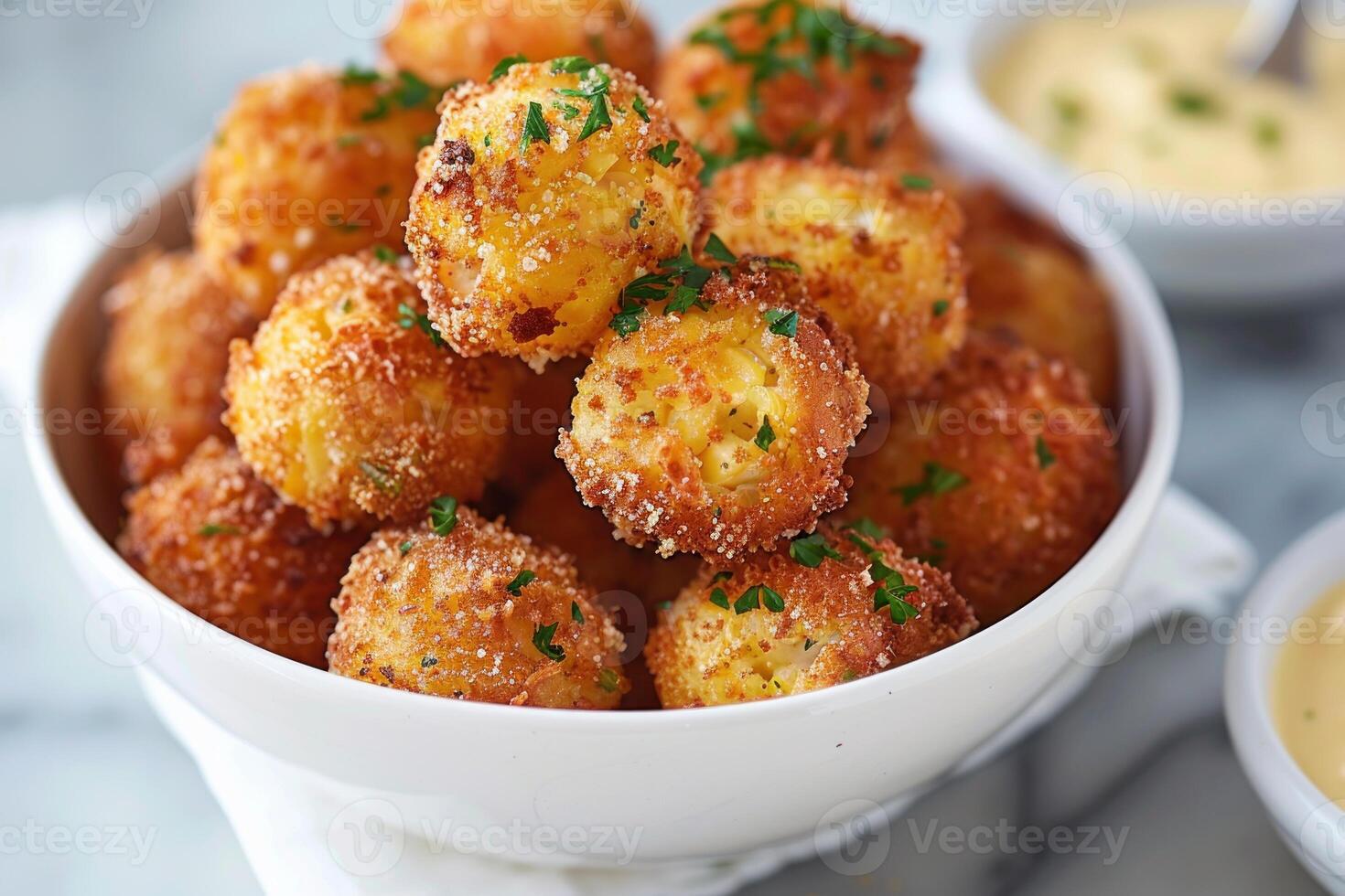 Bowl overflowing with delicious fried mac and cheese balls with parsley photo