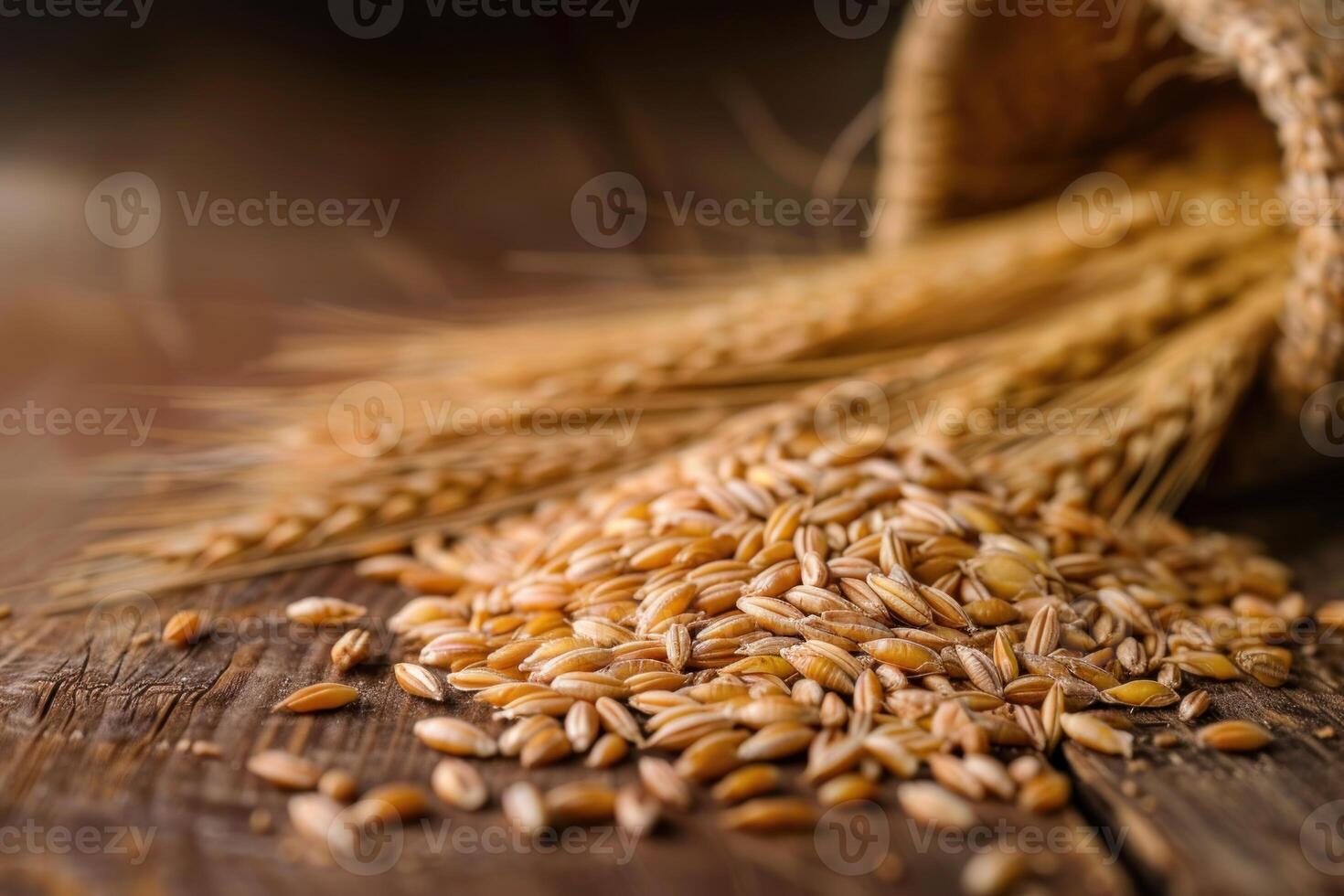 Spelt grain spilling from burlap sack photo