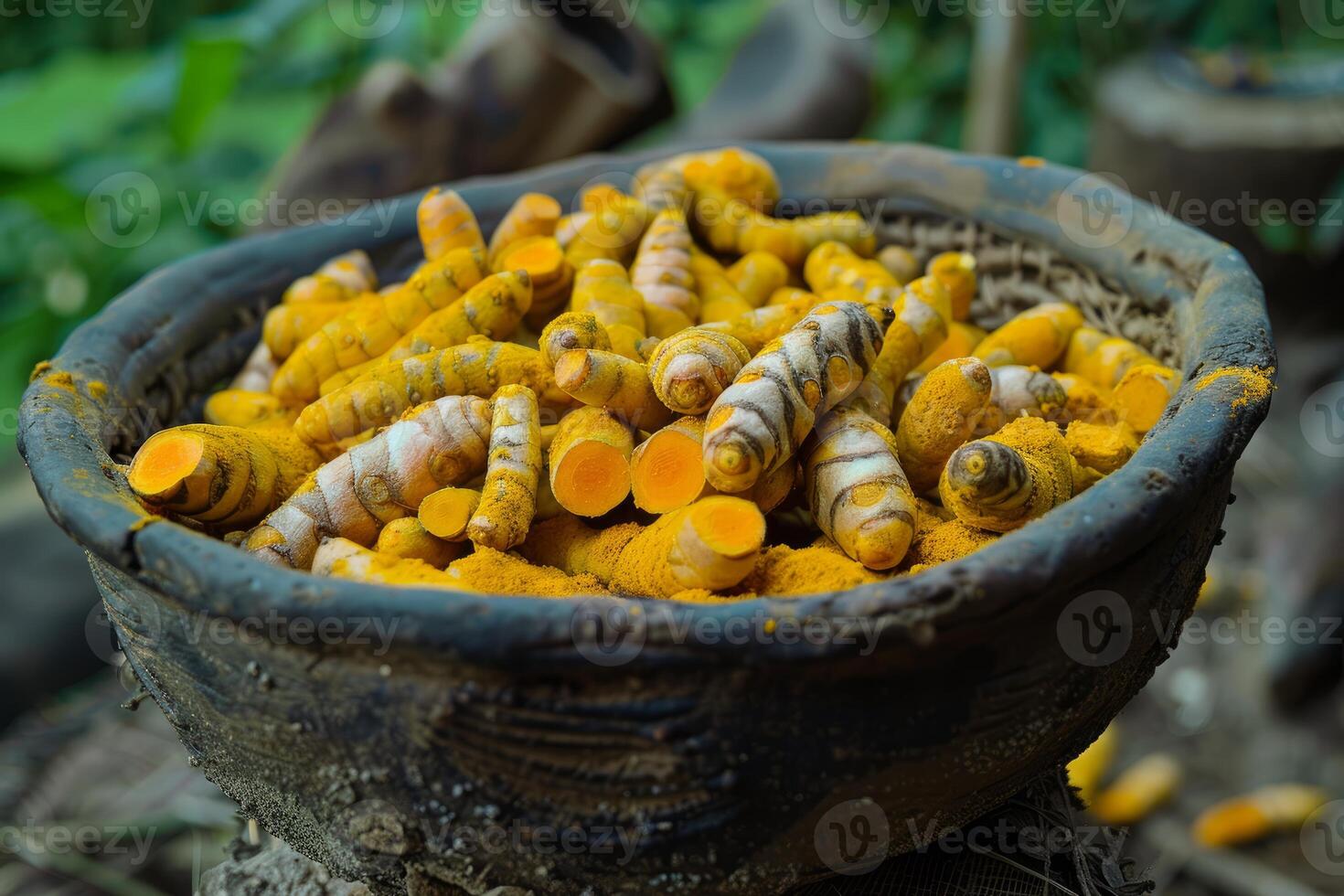 Turmeric roots and powder filling an earthen bowl photo
