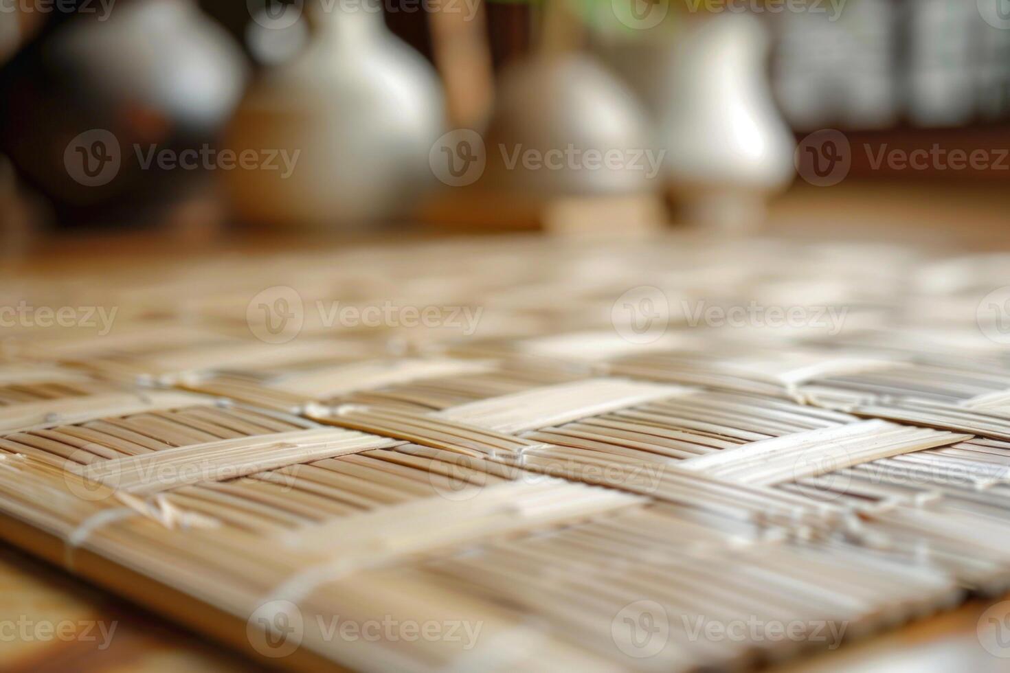 Woven bamboo mat on wooden table in bright room photo