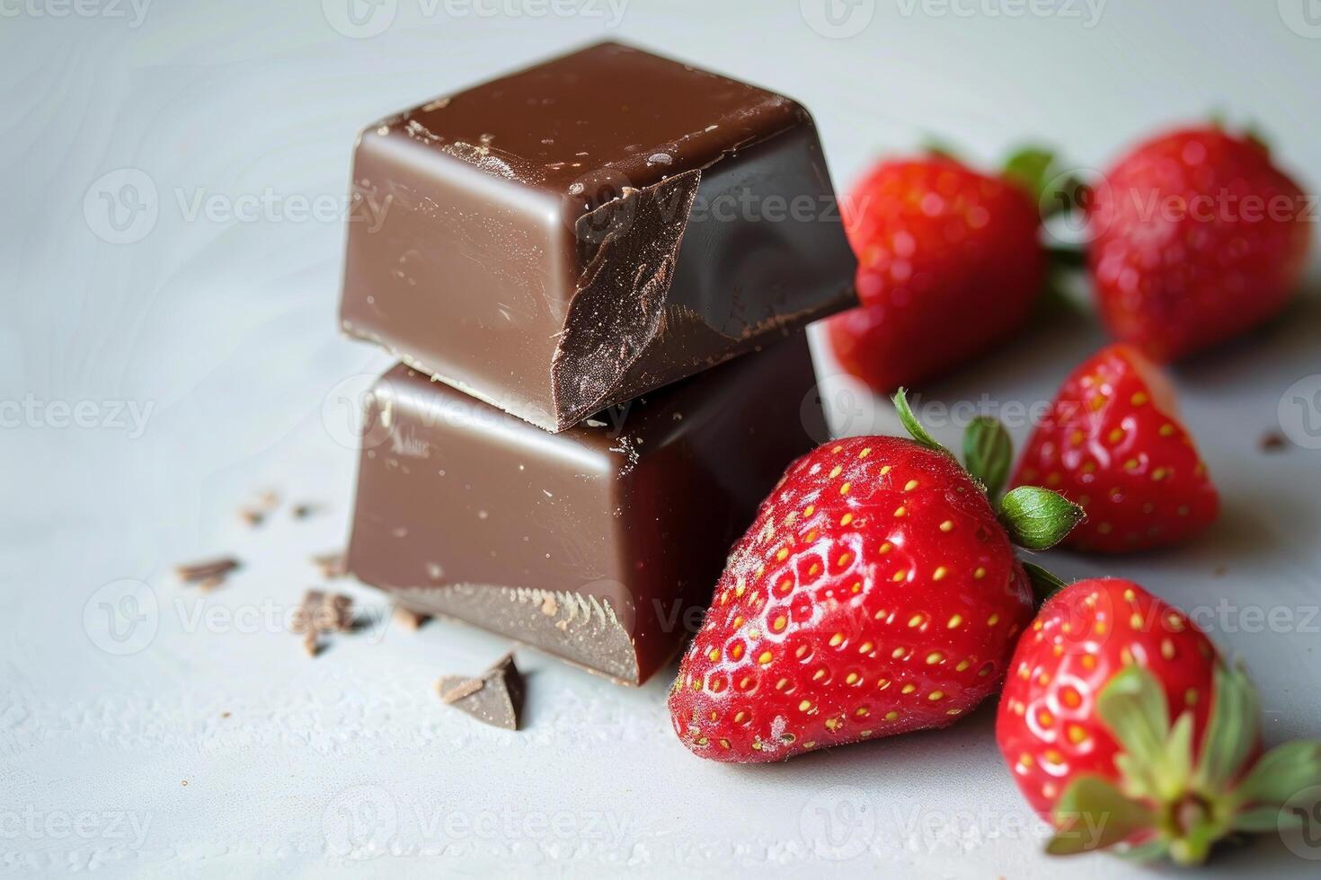 Fresh strawberries and chocolate pieces on white background photo
