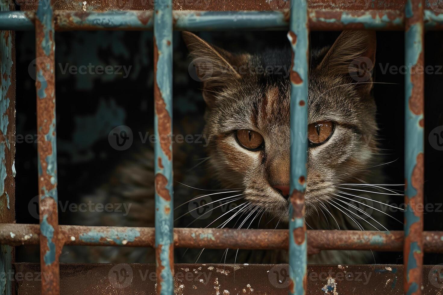 Captive stare - cat behind rusty bars photo