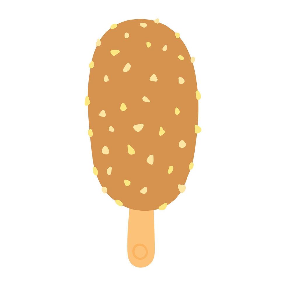 Illustrated chocolate covered ice cream popsicle with nut sprinkles on a stick. Simple, flat design, with a beige and brown color palette. Perfect for summer treat visuals vector