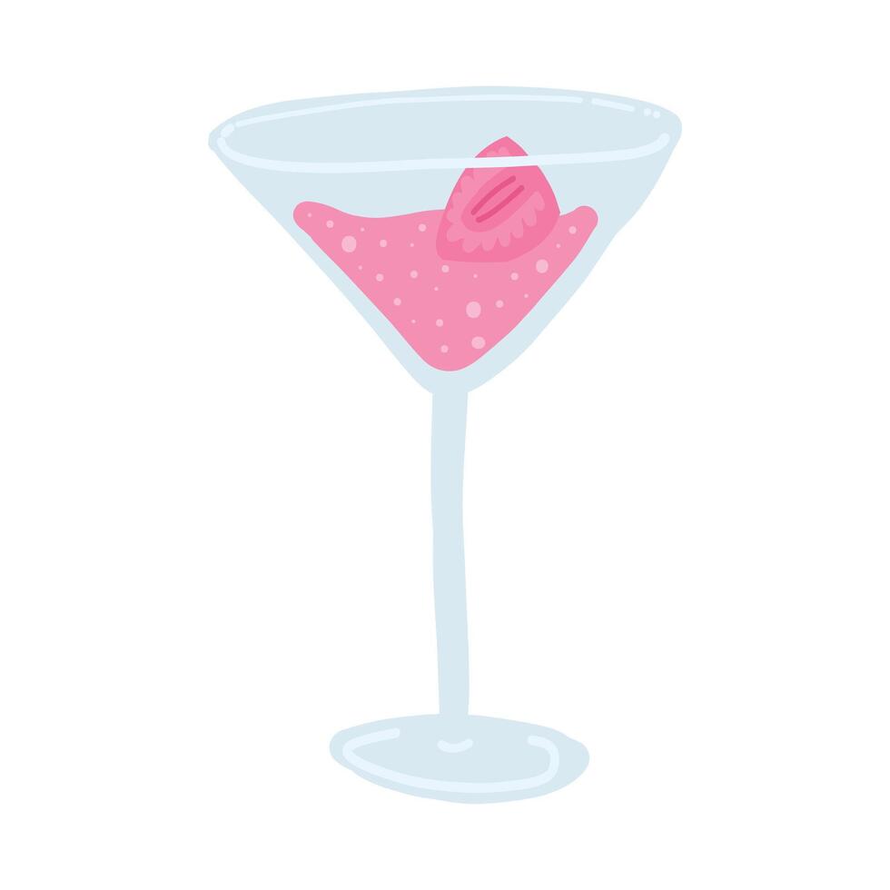 Illustration of a pink strawberry cocktail in a martini glass, featuring bubbles and a single strawberry garnish. Perfect for summer, parties, or refreshing, elegant celebrations vector