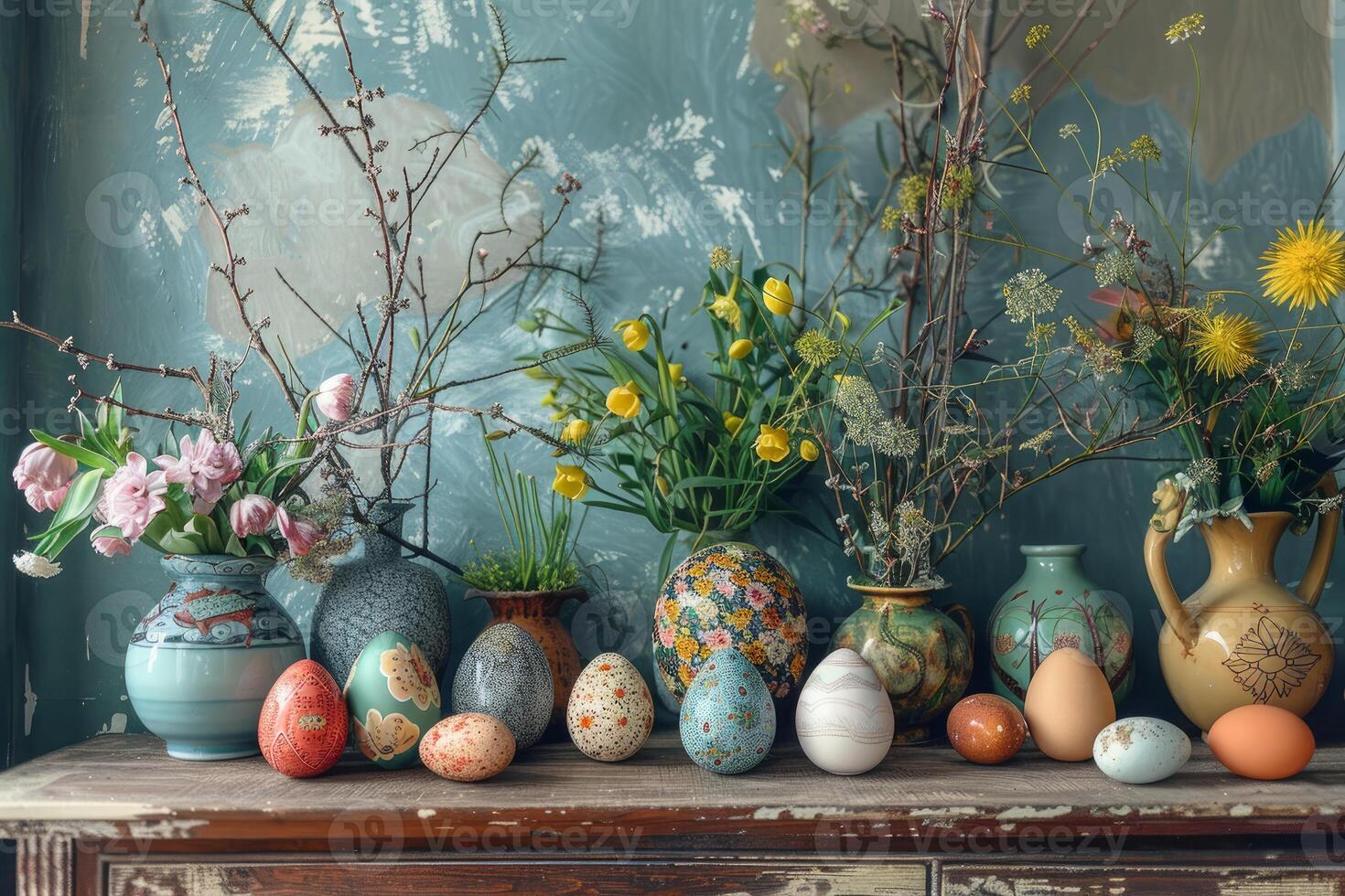 Rustic easter vignette with floral arrangement photo