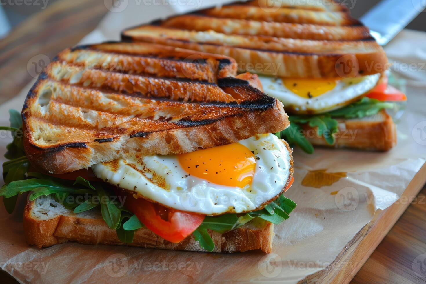 Gourmet grilled sandwich with fried egg and arugula photo