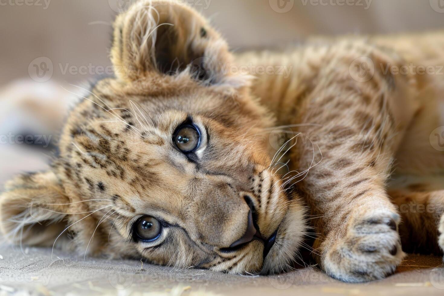 Playful lion cub relaxing closeup photo