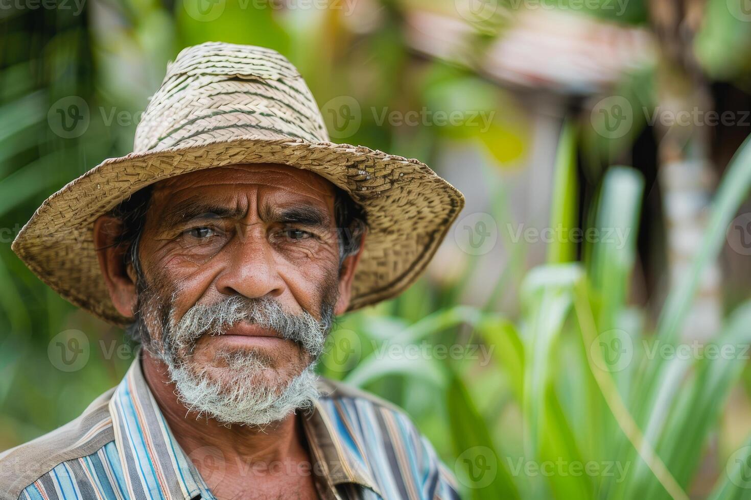 Elderly man in straw hat outdoors photo
