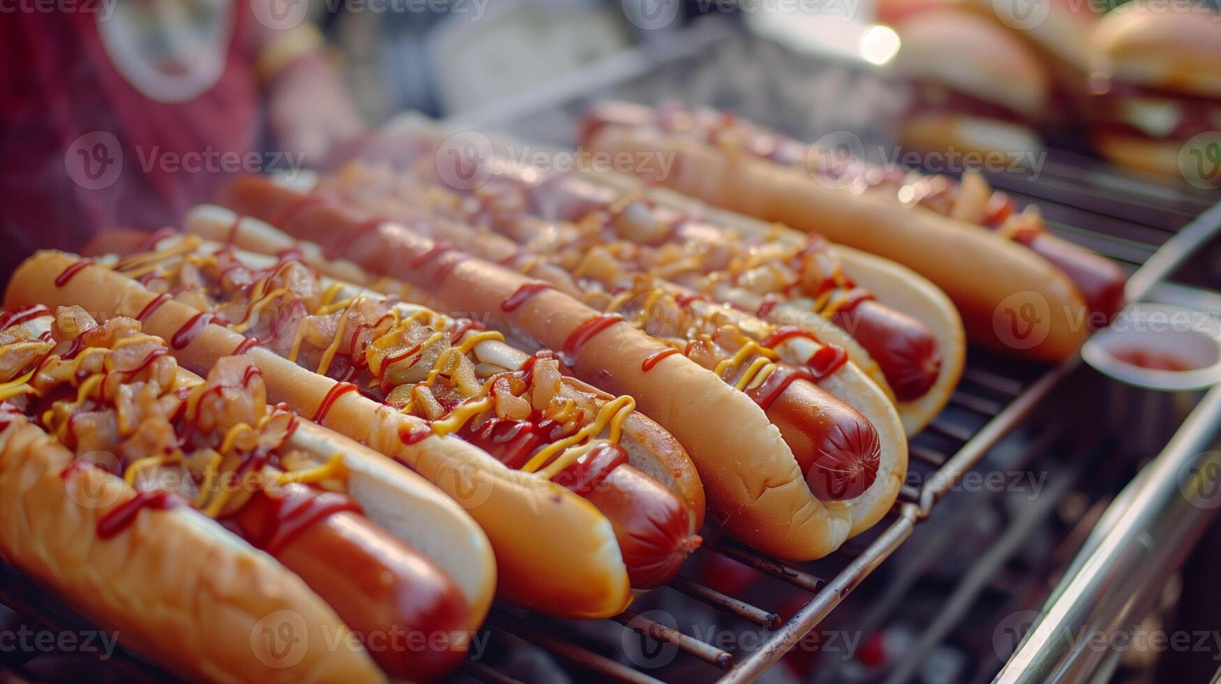 Delicious Grilled Hot Dogs With Toppings Cooked on a Barbecue at a Summer Cookout photo