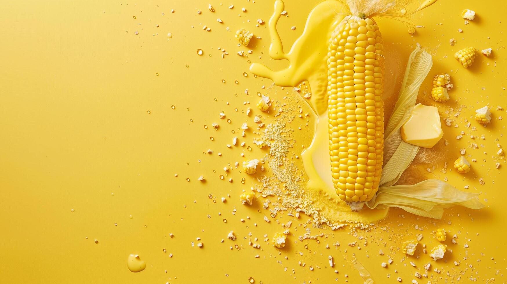 Bright Yellow Corn On Cob Surrounded By Corn Kernels And Cornmeal On Vibrant Yellow Background photo