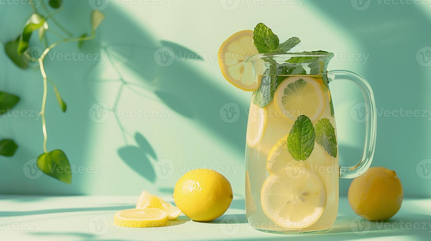 Refreshing Lemonade With Mint Leaves on a Sunlit Table in Early Summer photo