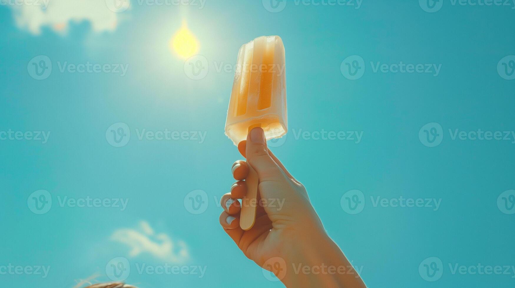Enjoying a Refreshing Fruit Popsicle Under a Bright Blue Sky on a Sunny Day photo