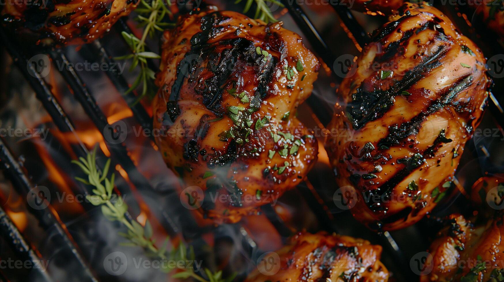 Grilling Juicy Chicken Thighs Over Charcoal With Herbs in a Backyard Setting photo