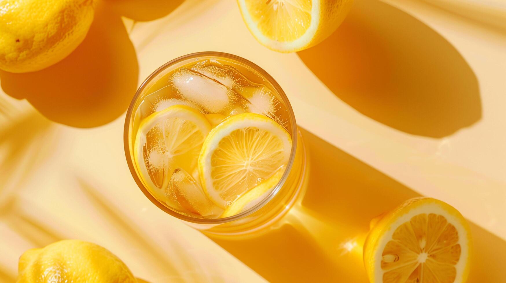 Refreshing Lemonade Drink Surrounded by Fresh Lemons on Bright Yellow Surface photo
