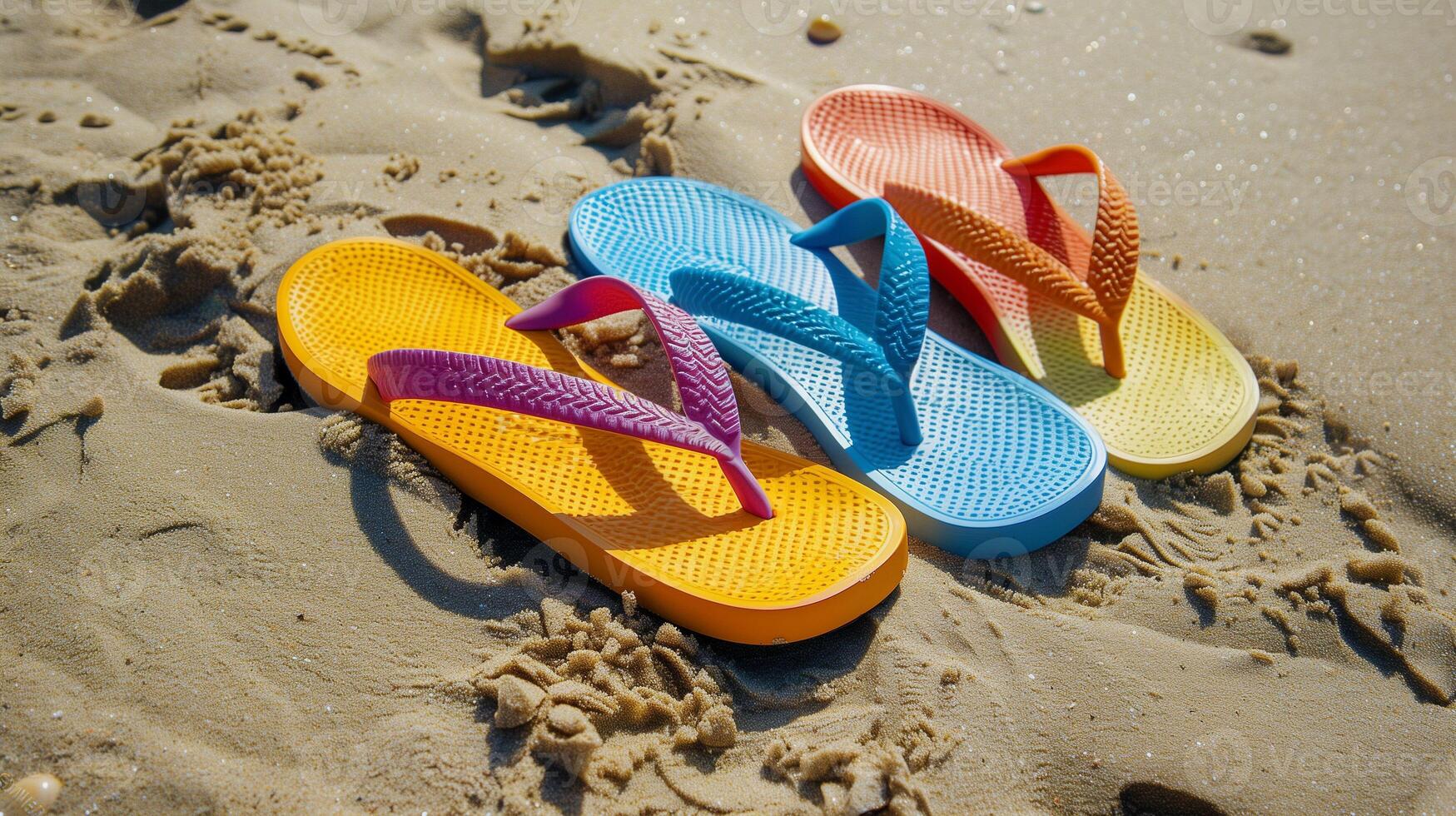 Colorful Sandals Arranged on Sandy Beach Ground Under Bright Sunlight During Summer Day photo