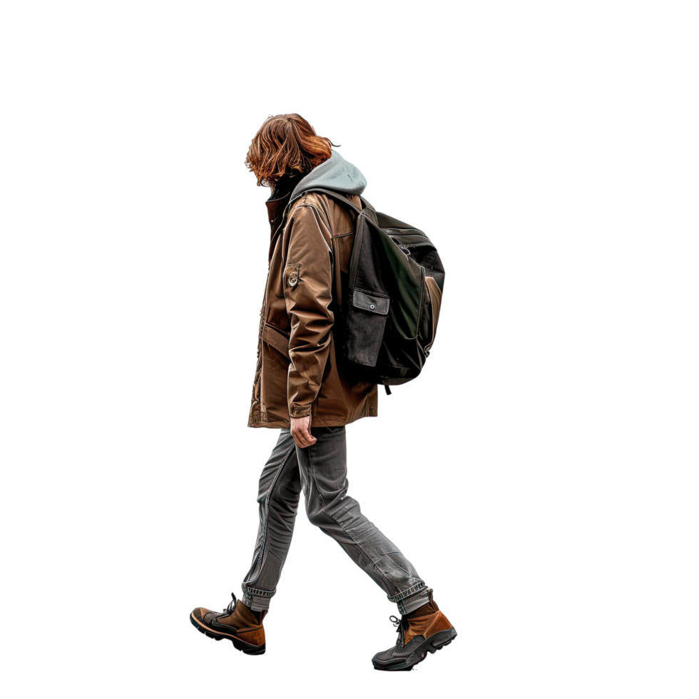 Rear view woman in Casual Autumn Attire Walking Alone with bag pack png