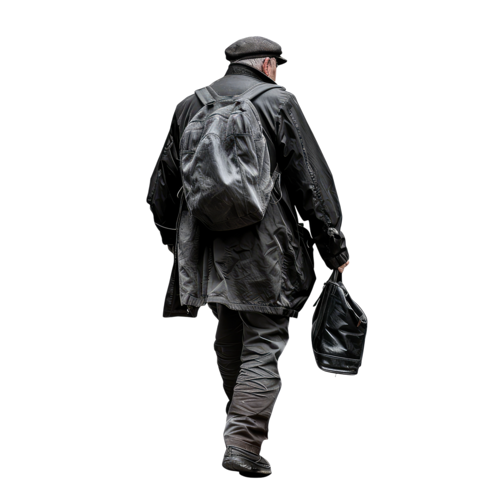 Rear view Man in Casual Autumn Attire Walking Alone with bag pack png