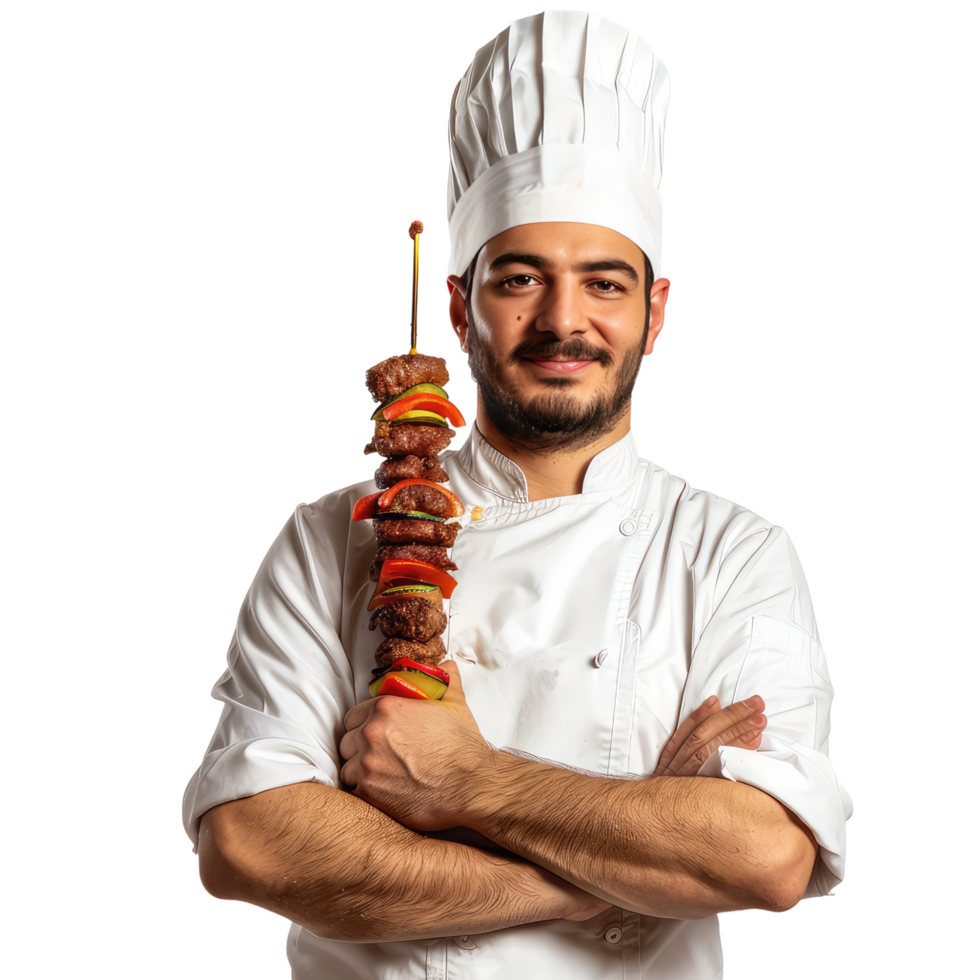 studio shot of a professional chef in white apron holding kabab skewer png