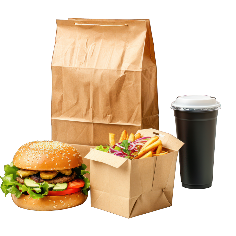 Collection and delivery food background. Fast food eco packaging with tasty hamburger, french fries, paper coffee cup and soup, isolated on white or transparent background. png