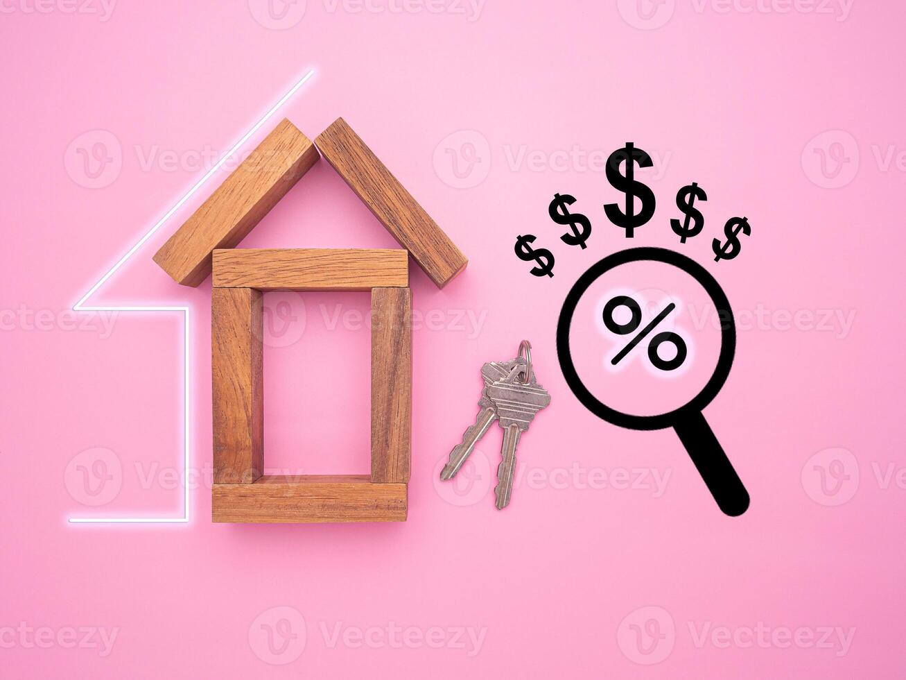 Home loan and real estate investment concept. Small wooden house with image graphic isolated on pink background. Top view photo
