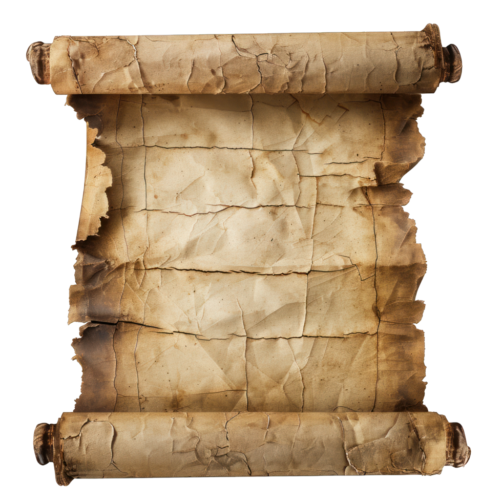 Old paper manuscript or parchment vertically oriented, Ancient Paper or Parchment Scroll, isolated on white background, with clipping path , cutout png