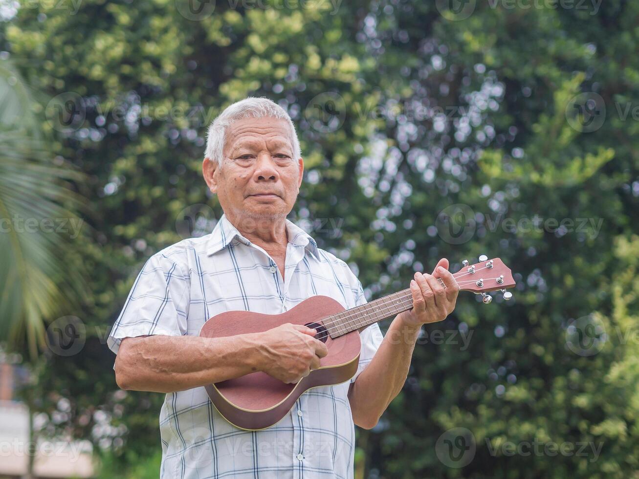 A happy senior man with short gray hair playing the ukulele, smiling and looking at the camera while standing in a garden. Enjoy life after retiring. Concept of aged people and relaxation photo
